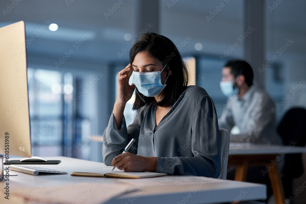 Aufkleber call center, woman and notebook at computer with mask for customer support, sales and crm consulting