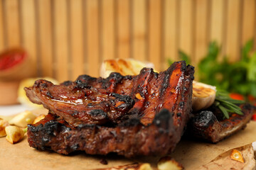 Tasty fried food - barbecue ribs, tasty fried meat