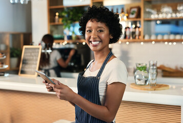 Happy woman, tablet and portrait of waitress at cafe for order, inventory or checking stock at...