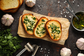 Fototapeta na wymiar Tasty toasts with garlic, homemade products appetizer