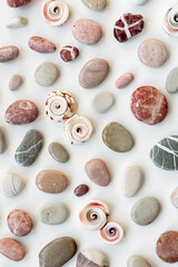 Aesthetic minimal pattern with set of sea pebbles stone and shells on white background. Natural round smooth colored stones. Collection of rocks, summer background, top view, flat lay, vertical