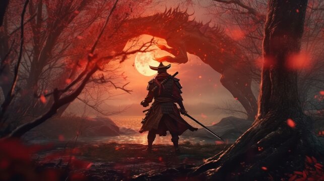 Samurai holding katana in dark forest covered with fire. illustration Generative AI.