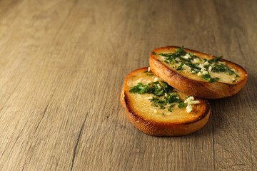 Tasty toasts with garlic, homemade products appetizer