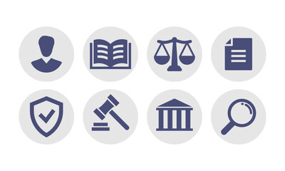 Legal, law, justice, court Icon set. Services lawyer, attorney, notary. Scales justice, gavel book Symbol. Vector illustration