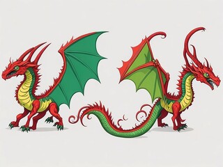 Obraz premium Fairy tale dragon, magic creature with tail and wings. Сartoon illustration of fire breathing monsters from medieval mythology, fantasy red and green flying beasts isolated on white background, Genera