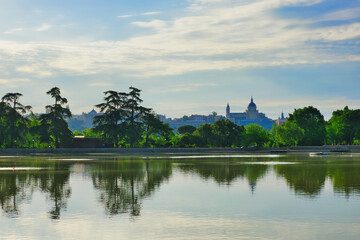 Fototapeta premium Skyline of the city of Madrid Spain seen from the Casa de Campo lake