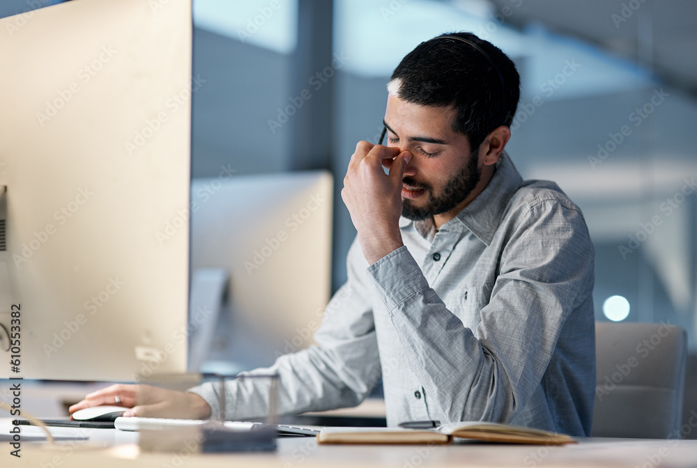 Aufkleber call center, man and headache at computer for stress, burnout and problem with client communication 
