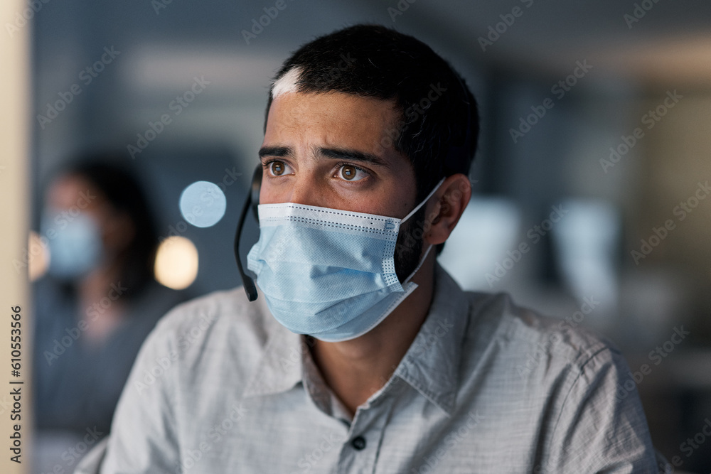 Poster call center, stress and man with mask at computer for customer service, telemarketing and crm consul