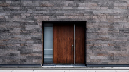 Fototapeta na wymiar A modern entrance wooden door in a stone wall. Generative AI.