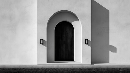 A entrance door in a white wall with shadow. Generative AI.