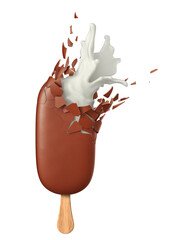 Ice cream with chocolate glaze explosion and milk splash on a white background. 3d illustration