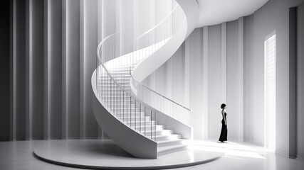 Businesswoman in modern interior with spiral staircase. Generative AI.