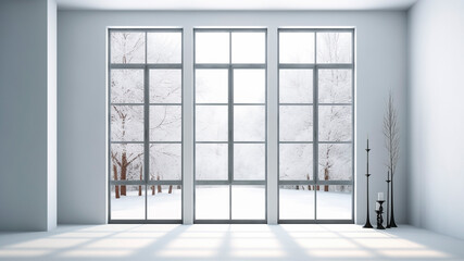 Empty room with big windows and snow covered trees on background. Generative AI.