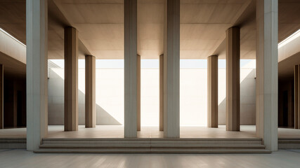 A symmetrical arrangement of columns with minimalist architectural elements. Generative AI