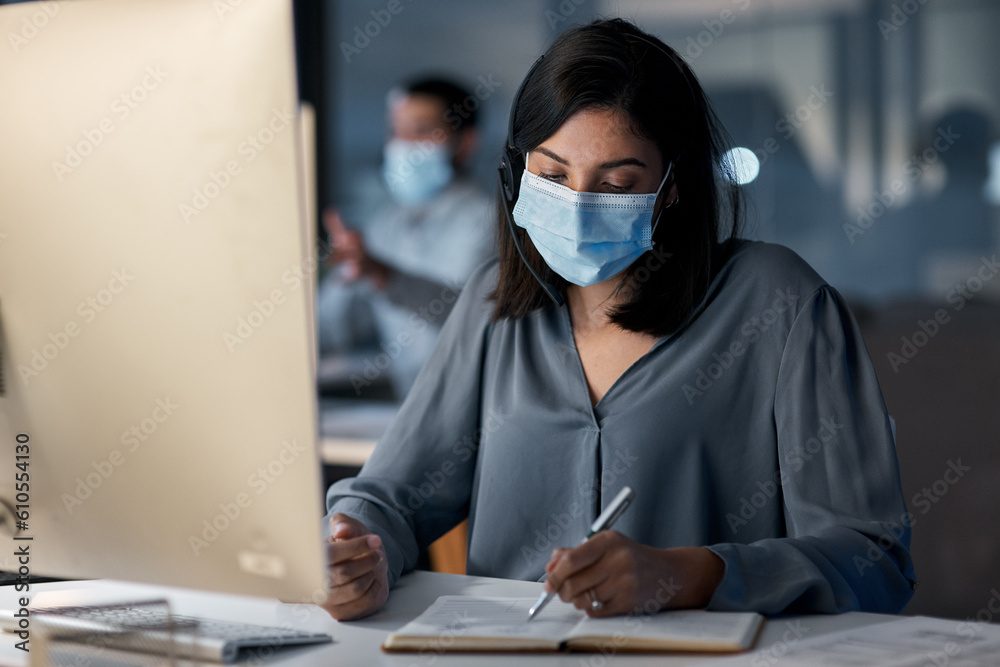 Poster call center, woman and notes at computer with mask for customer service, sales consulting and crm in