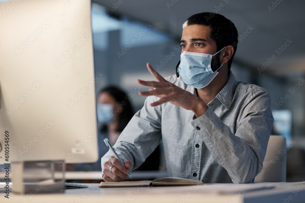 Poster call center, man and communication with mask at computer while writing notes for advice, customer se
