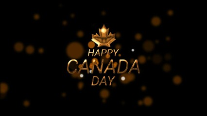 HAPPY CANADA DAY golden text badge banner with gold maple leaf and gold bokeh animation background. Great for Celebrations, Ceremonies, Festivals, greetings, and banners. Happy canada day 1st july