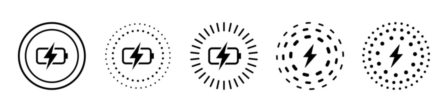 fast charge symbol icon set of five designs. Wireless charger concept. Wireless charging icons. Phone charge simple signs. Vector illustration.