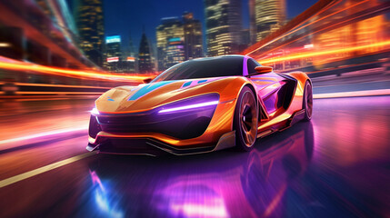 Fototapeta na wymiar Futuristic Super Car on Neon Road, Acceleration, Neon Light Trails, Generative AI