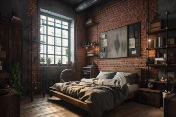 Fototapeta premium Bedroom decor, home interior design . Industrial Rustic style with Brick Wall decorated with Metal and Wood material. Generative AI