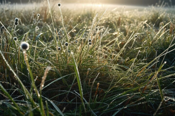 Dew on the fresh spring grass in the field. Generative AI