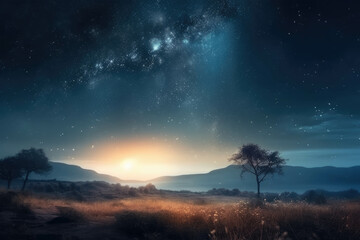 Beautiful celestial sky in dreamy fantasy with bright star in the sky over nature landscape. Generative AI