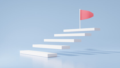 Staircase strategy analysis step by step growth of business, red flag target successful concept. vision achievement performance champion Minimal cartoon, copy space, banner. 3d rendering illustration © N ON NE ON