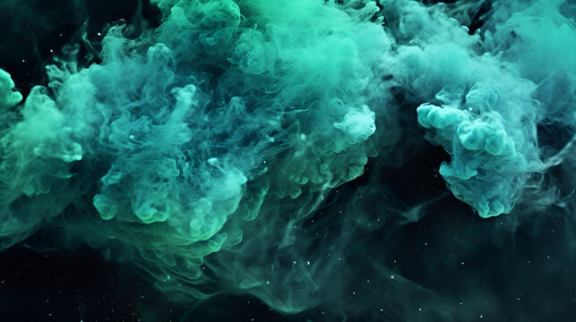 Color mist. Ink water. Haze texture. Fantasy night sky. Blue green shiny  glitter steam cloud blend on dark black abstract art background. Stock  Photo