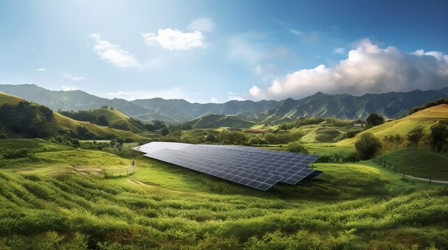  Harmony of Technology and Nature: Solar Panels Amidst Verdant Landscape. Generative AI