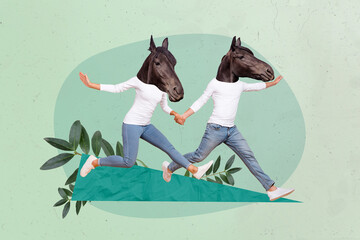 Creative surreal template collage of people with horse faces having fun on summer spring vacation...