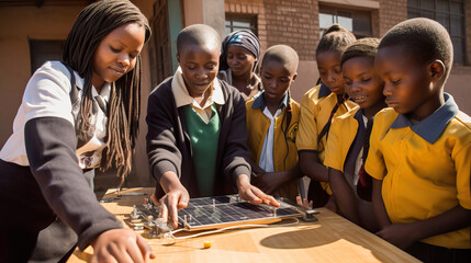 Dynamic Educational Demonstration of Solar Panel Technology with Engaged Students and Teacher. Generative AI © Dangubic
