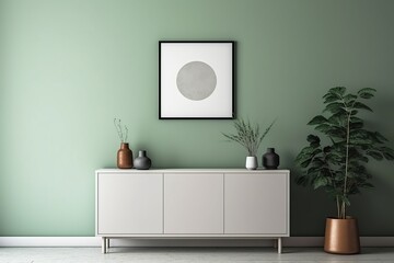 Mockup frame on cabinet in green Scandinavian living room, ai generative