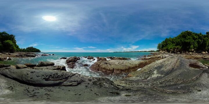 Rocky beach and ocean surf. Borneo, Malaysia. Kalampunian Beach. Virtual Reality 360.
