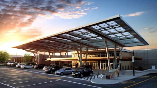 Sustainable Commercial Parking Lot with Solar Canopy. Generative AI