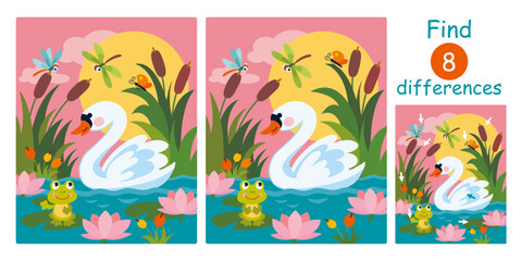 Find differences, education game for children. Cute cartoon flat vector illustration with swan, frog, dragonfly, lake, water lily, reed, cattail.