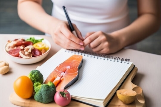 Cropped view of woman holding empty notebook above food for ketogenic diet menu