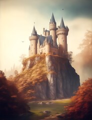 A painting of a castle on top of a mountain, a matte painting Generative AI