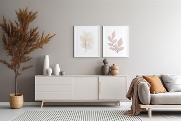 Mockup frame on cabinet in grey Scandinavian living room , ai generative.

