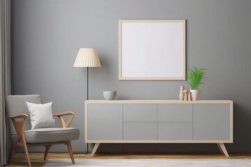 Mockup frame on cabinet in grey Scandinavian living room , ai generative.

