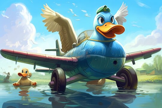 "QuackJet: Our low - cost airline guarantees a duck - tastic experience! Fly with feathered friends and quack your way to unbeatable savings! " illustration generative ai
