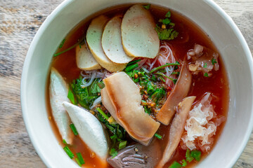 Yentafo noodle with fish meatball tofu and dumpling the good tasty food in the noodle resturant in Thailand.