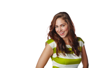 Fashion, portrait and smile of woman in dress isolated on a transparent png background. Happy, clothes and female person or model from Norway with happiness, style and trendy, cool clothing or outfit