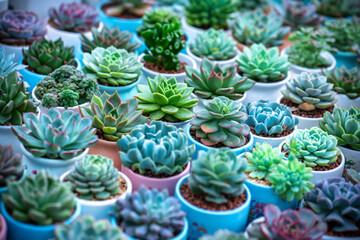 Colorful Succulents flower bed, they are grown in small pots to decorate the room