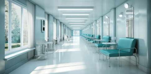 Naklejka na ściany i meble A hospital corridor with white tables and chairs. Generative AI
