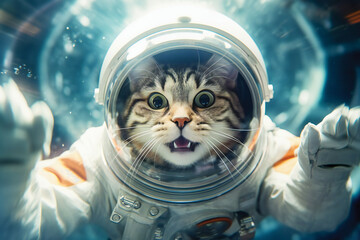 Cute space cat dressed in astronaut suit. Created with Generative AI technology.