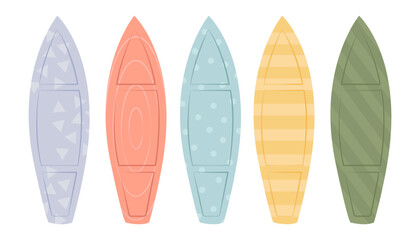 Set of Surfboards with Different Bright and Unusual Pattern Designs. Various Surf Desks, Surfing Boards Collection, Shortboard and Longboard Isolated on White Background. Cartoon Vector Illustration
