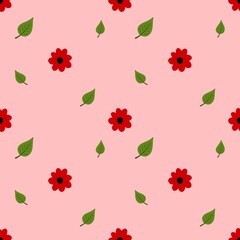 red flower and leaf in background