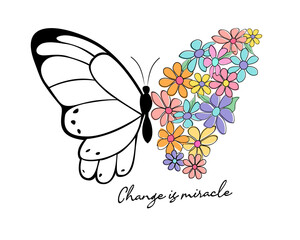butterfly drawing with flowers pattern design vector.Vector illustration design for fashion graphics, t shirt prints.