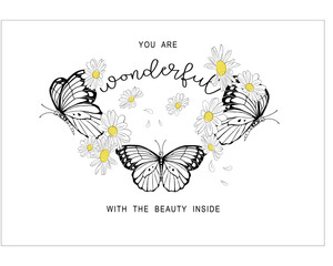 butterfly drawing with flowers pattern design vector.Vector illustration design for fashion graphics, t shirt prints.