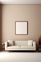 Blank horizontal poster frame mock up in scandinavian style living room interior, modern living room interior background, beige sofa and pampas grass, 3d rendering